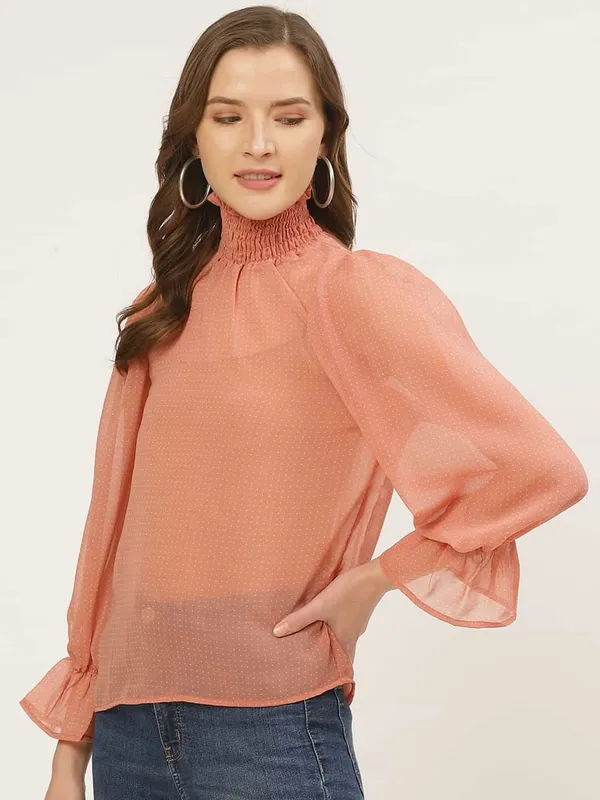 Orange_Chiffon_Casual_Polka_Print_High_Neck_Regular_Fit_Top_For_Women