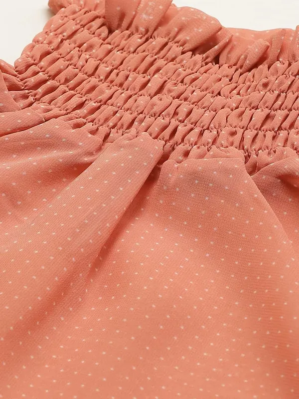 Orange_Chiffon_Casual_Polka_Print_High_Neck_Regular_Fit_Top_For_Women