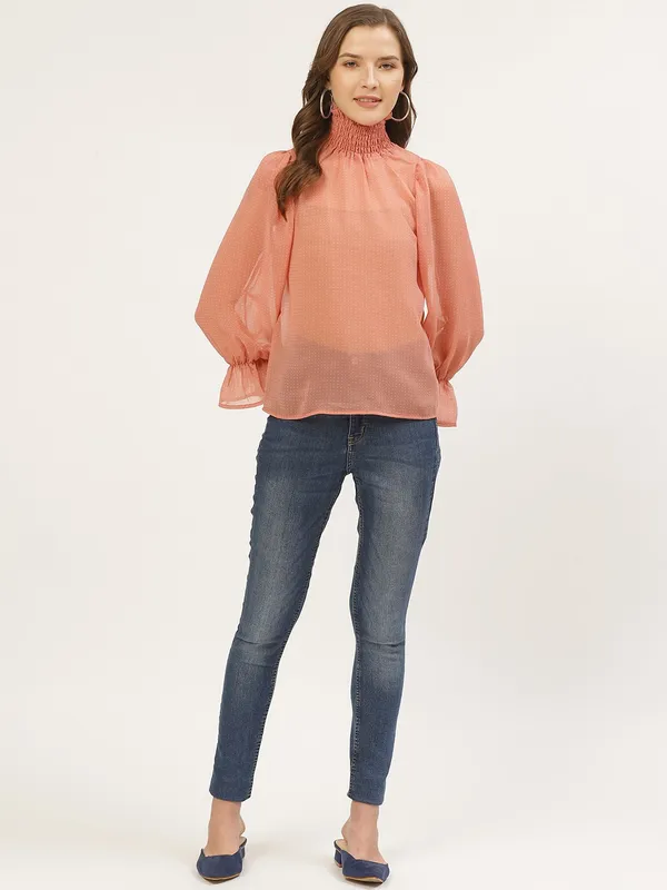 Orange_Chiffon_Casual_Polka_Print_High_Neck_Regular_Fit_Top_For_Women