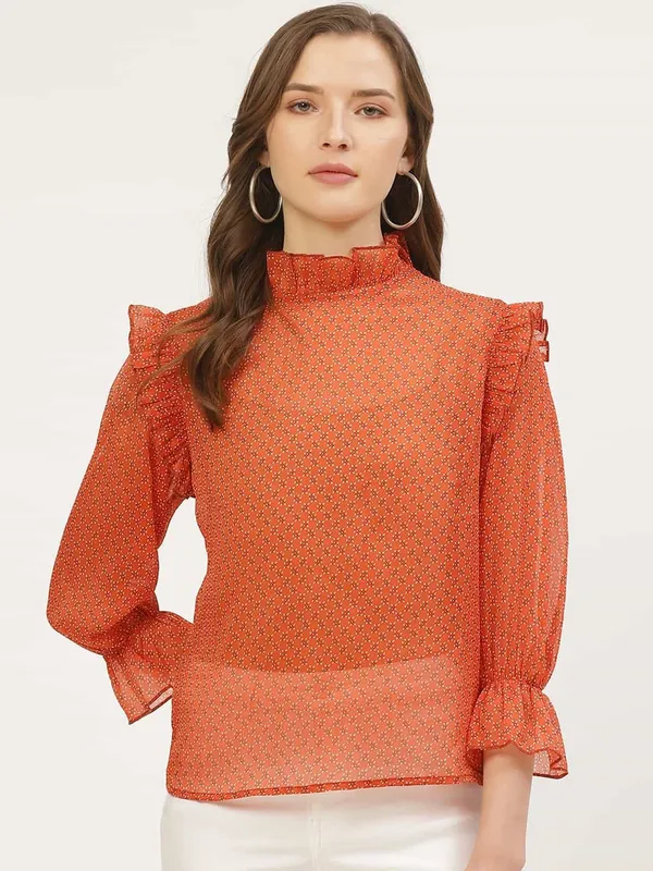 Orange_Georgette_Casual_Geometric_Print_High_Neck_Regular_Fit_Top_For_Women