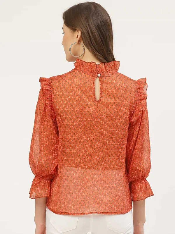 Orange_Georgette_Casual_Geometric_Print_High_Neck_Regular_Fit_Top_For_Women