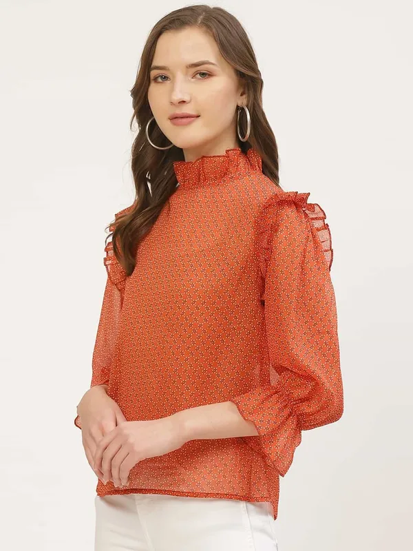 Orange_Georgette_Casual_Geometric_Print_High_Neck_Regular_Fit_Top_For_Women