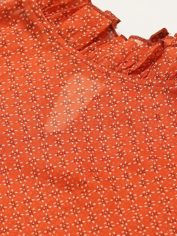 Orange_Georgette_Casual_Geometric_Print_High_Neck_Regular_Fit_Top_For_Women