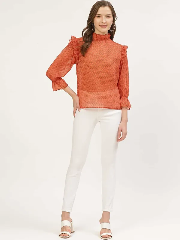 Orange_Georgette_Casual_Geometric_Print_High_Neck_Regular_Fit_Top_For_Women