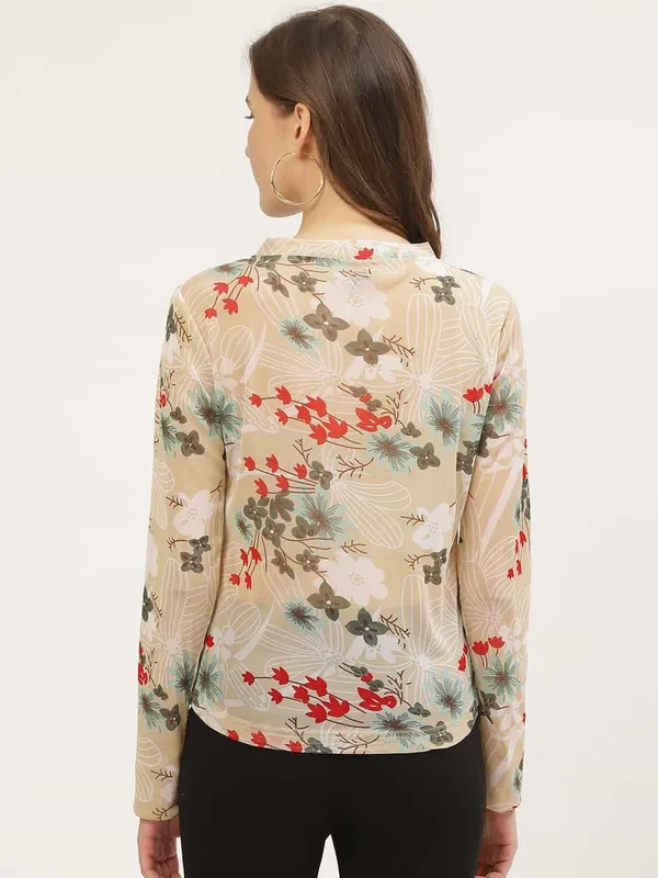 Beige_Polyester_Casual_Floral_Print_Mandarin_Collar_Regular_Fit_Top_For_Women