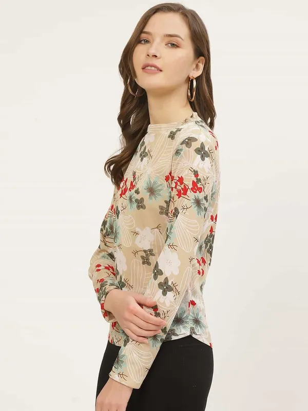 Beige_Polyester_Casual_Floral_Print_Mandarin_Collar_Regular_Fit_Top_For_Women
