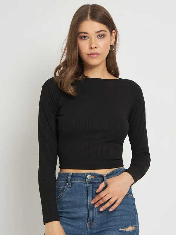 Black_Cotton_Blend_Casual_Solid_Boat_Neck_Regular_Fit_Top_For_Women