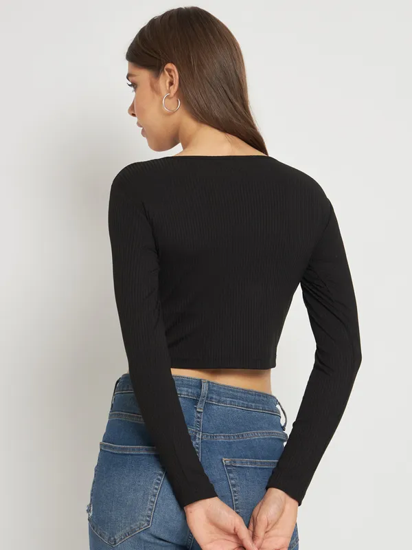 Black_Cotton_Blend_Casual_Solid_Boat_Neck_Regular_Fit_Top_For_Women