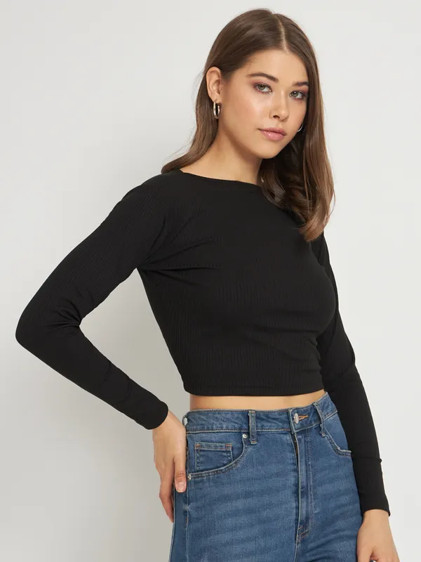 Black_Cotton_Blend_Casual_Solid_Boat_Neck_Regular_Fit_Top_For_Women
