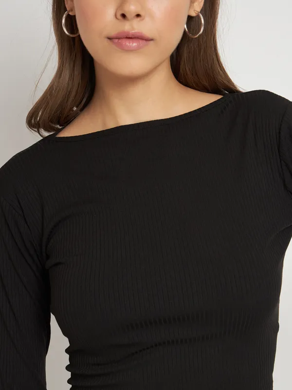 Black_Cotton_Blend_Casual_Solid_Boat_Neck_Regular_Fit_Top_For_Women
