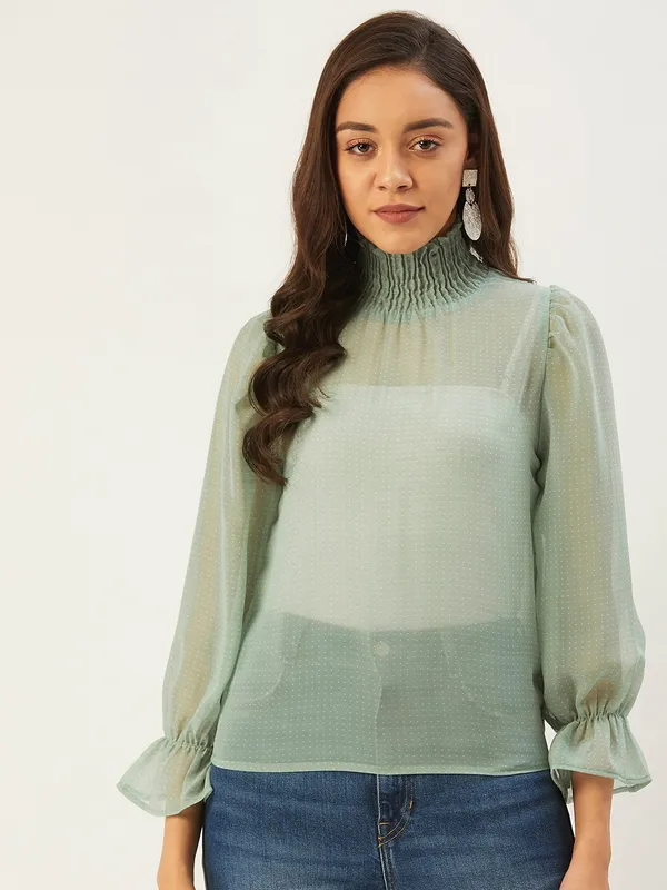Green_Georgette_Casual_Printed_High_Neck_Regular_Fit_Top_For_Women