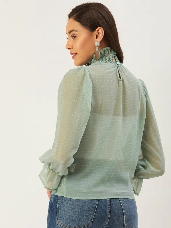 Green_Georgette_Casual_Printed_High_Neck_Regular_Fit_Top_For_Women