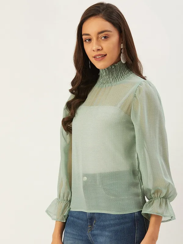 Green_Georgette_Casual_Printed_High_Neck_Regular_Fit_Top_For_Women
