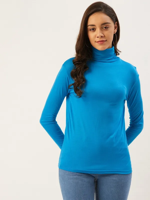 Blue_Cotton_Blend_Casual_Solid_High_Neck_Regular_Fit_Top_For_Women
