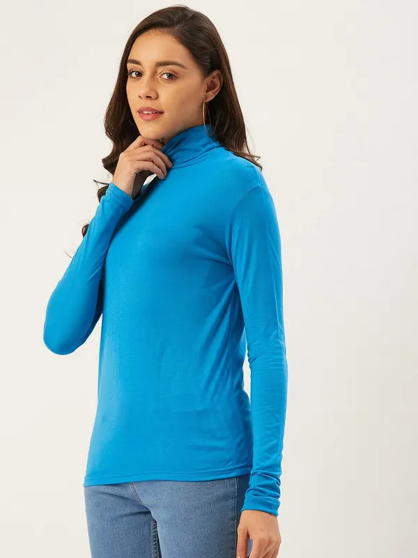 Blue_Cotton_Blend_Casual_Solid_High_Neck_Regular_Fit_Top_For_Women