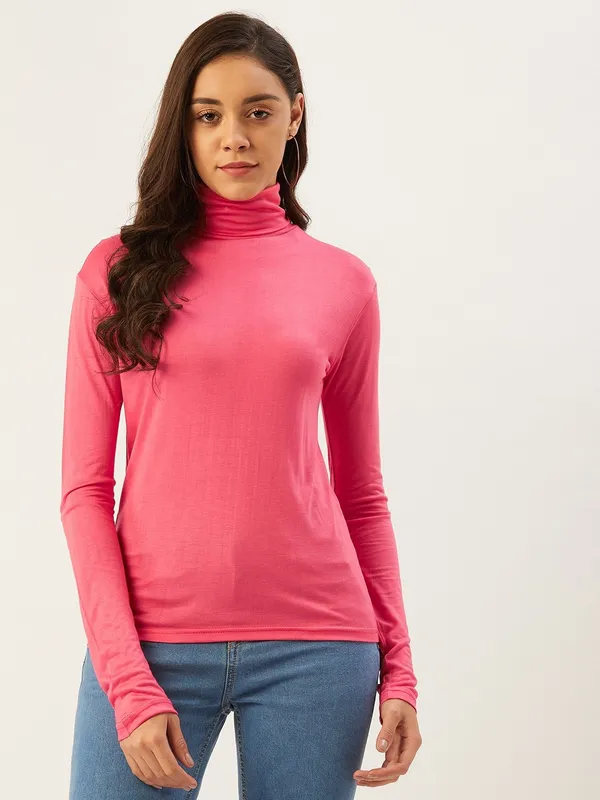 Pink_Cotton_Blend_Casual_Solid_High_Neck_Regular_Fit_Top_For_Women