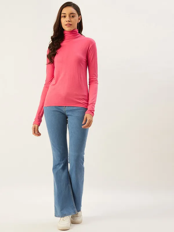 Pink_Cotton_Blend_Casual_Solid_High_Neck_Regular_Fit_Top_For_Women