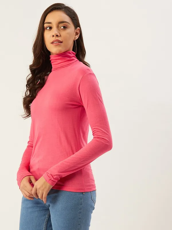 Pink_Cotton_Blend_Casual_Solid_High_Neck_Regular_Fit_Top_For_Women