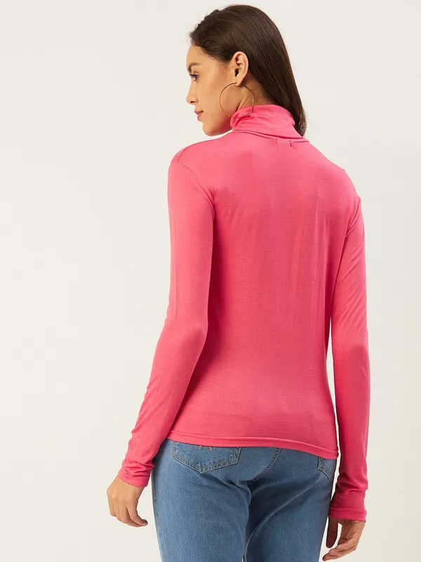 Pink_Cotton_Blend_Casual_Solid_High_Neck_Regular_Fit_Top_For_Women