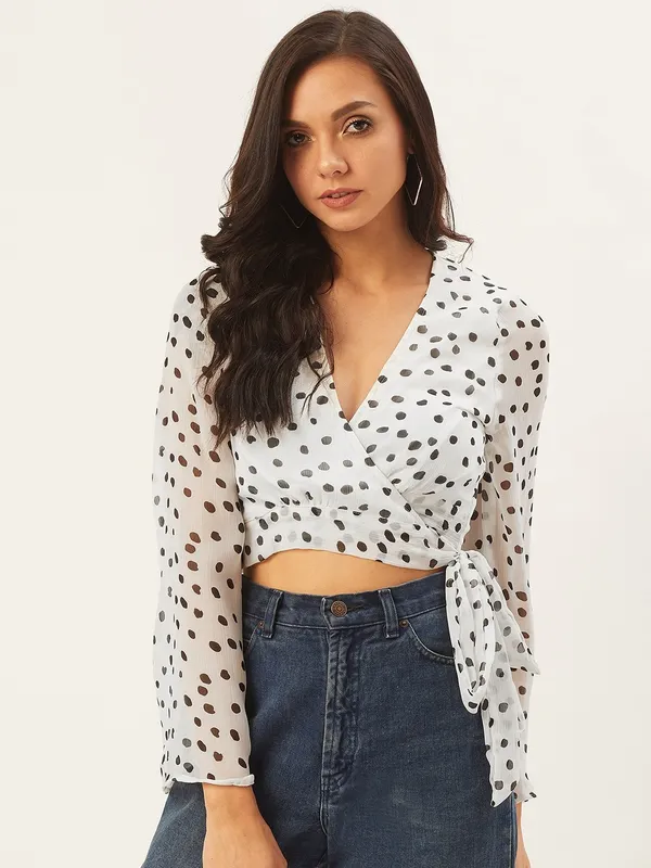 White_&_Black_Chiffon_Casual_Polka_Print_V-Neck_Regular_Fit_Top_For_Women