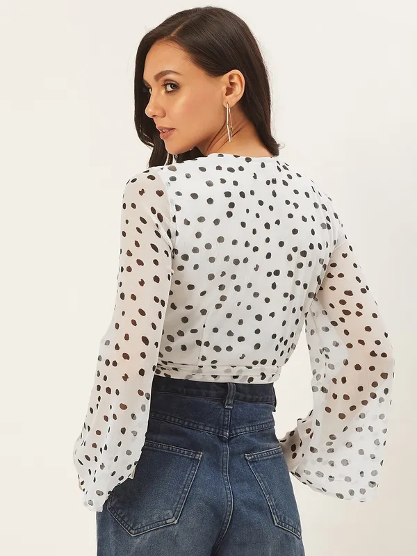 White_&_Black_Chiffon_Casual_Polka_Print_V-Neck_Regular_Fit_Top_For_Women