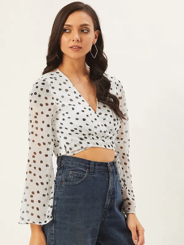 White_&_Black_Chiffon_Casual_Polka_Print_V-Neck_Regular_Fit_Top_For_Women