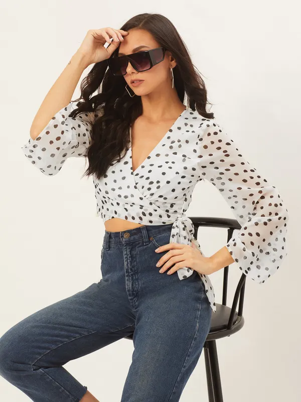 White_&_Black_Chiffon_Casual_Polka_Print_V-Neck_Regular_Fit_Top_For_Women