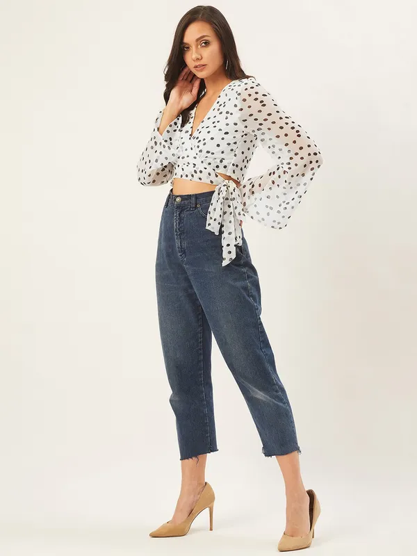 White_&_Black_Chiffon_Casual_Polka_Print_V-Neck_Regular_Fit_Top_For_Women