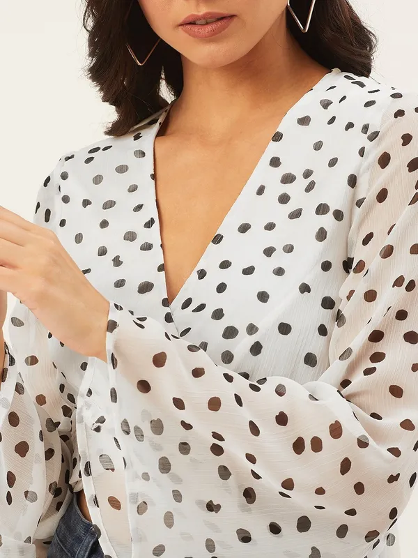 White_&_Black_Chiffon_Casual_Polka_Print_V-Neck_Regular_Fit_Top_For_Women