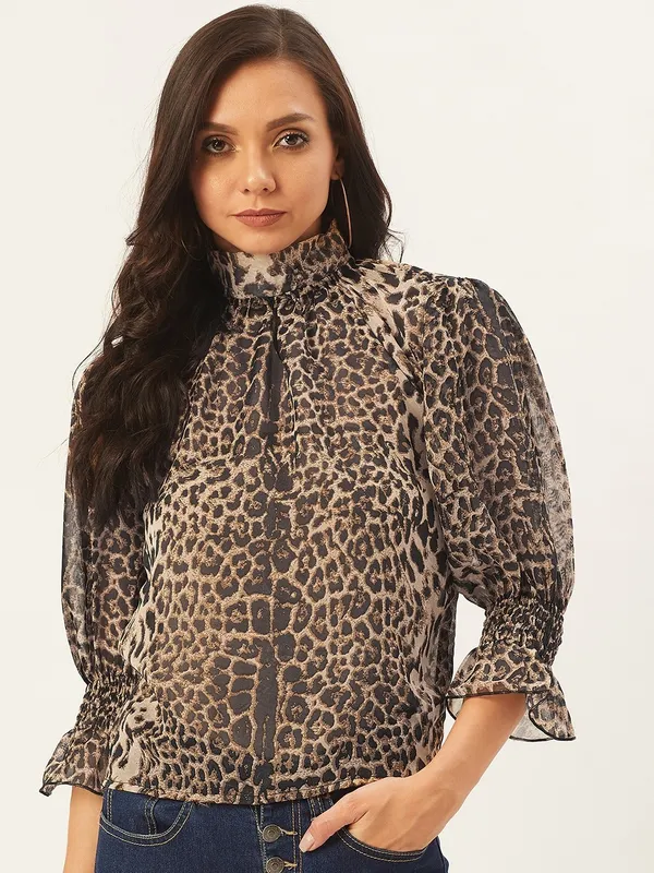 Brown_Georgette_Casual_Animal_Print_High_Neck_Regular_Fit_Top_For_Women