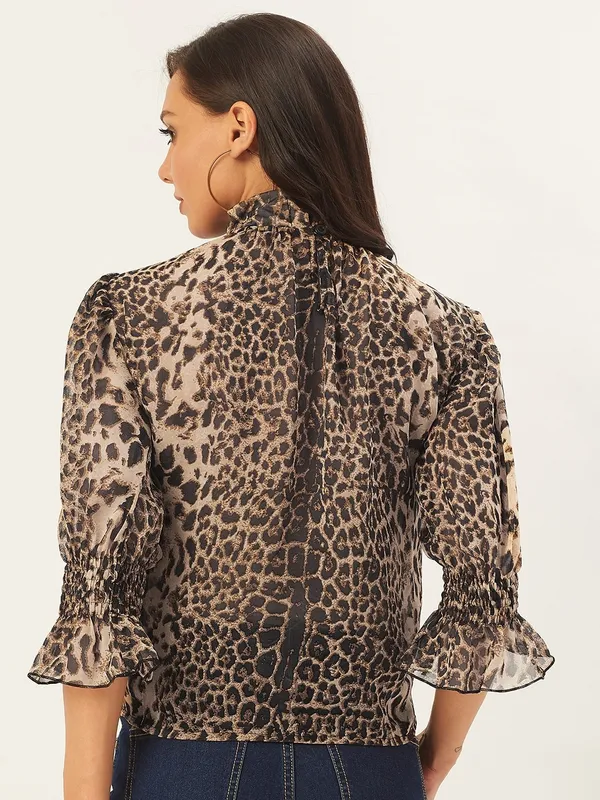 Brown_Georgette_Casual_Animal_Print_High_Neck_Regular_Fit_Top_For_Women