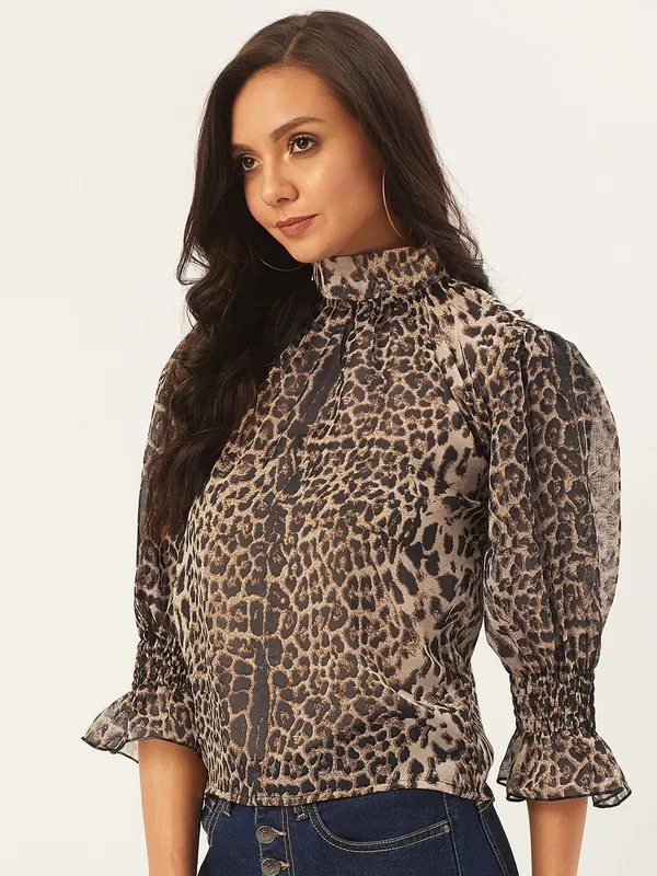 Brown_Georgette_Casual_Animal_Print_High_Neck_Regular_Fit_Top_For_Women