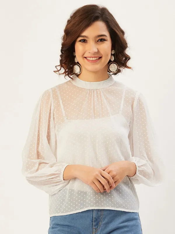 White_Polyester_Casual_Solid_High_Neck_Regular_Fit_Top_For_Women