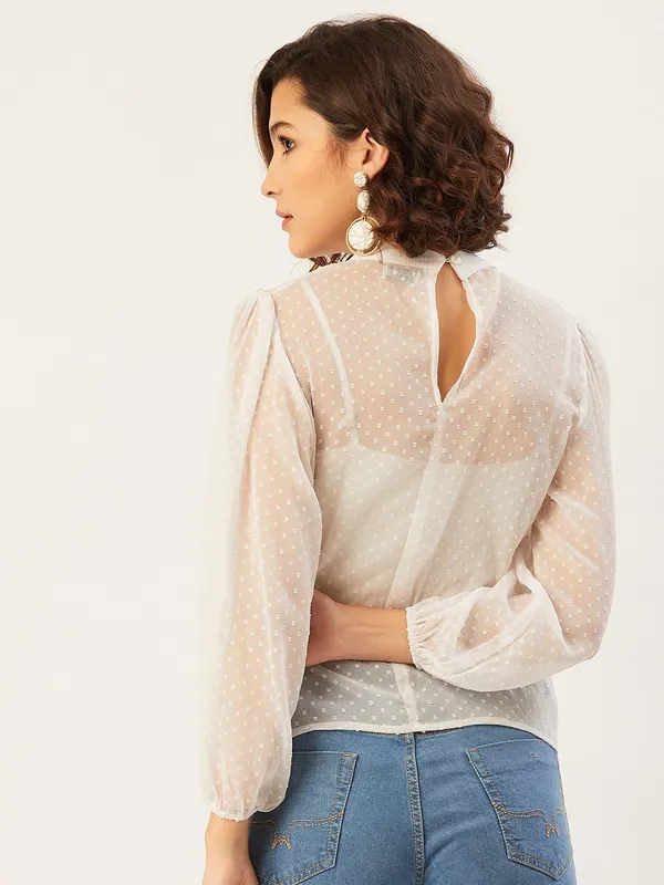 White_Polyester_Casual_Solid_High_Neck_Regular_Fit_Top_For_Women
