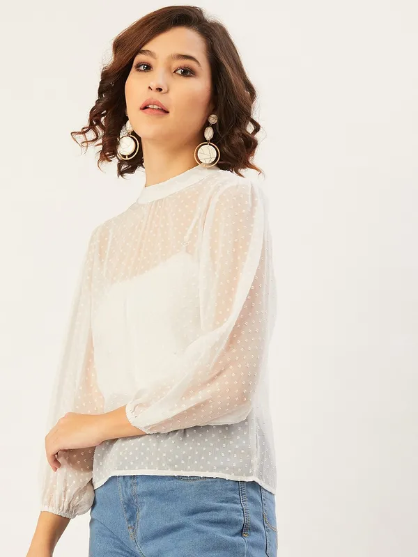 White_Polyester_Casual_Solid_High_Neck_Regular_Fit_Top_For_Women