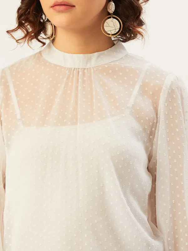 White_Polyester_Casual_Solid_High_Neck_Regular_Fit_Top_For_Women
