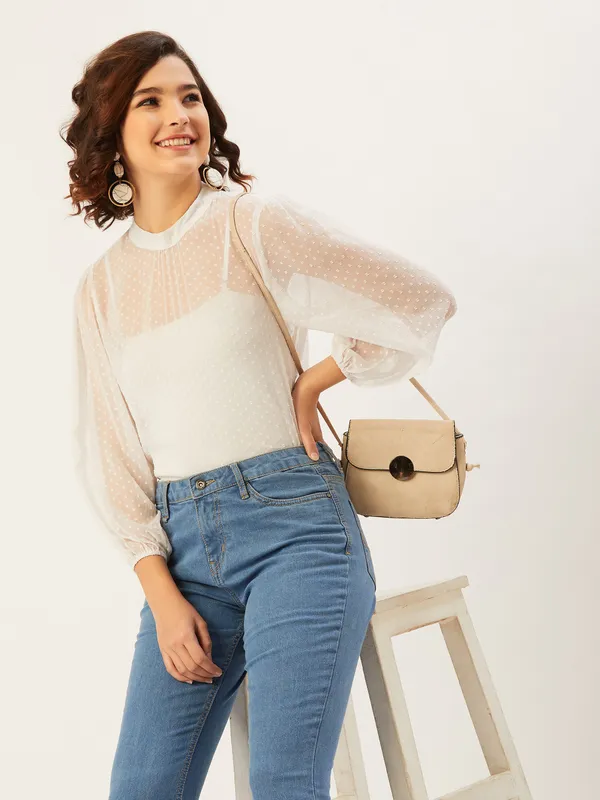 White_Polyester_Casual_Solid_High_Neck_Regular_Fit_Top_For_Women