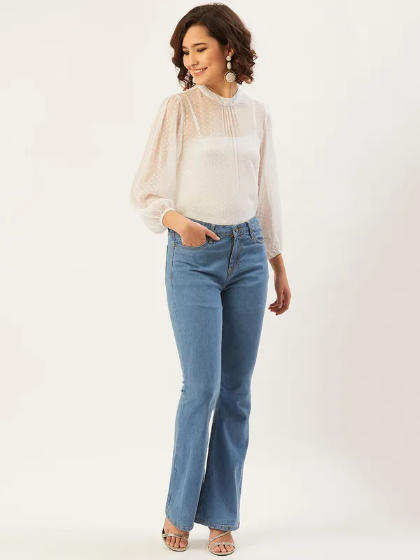 White_Polyester_Casual_Solid_High_Neck_Regular_Fit_Top_For_Women