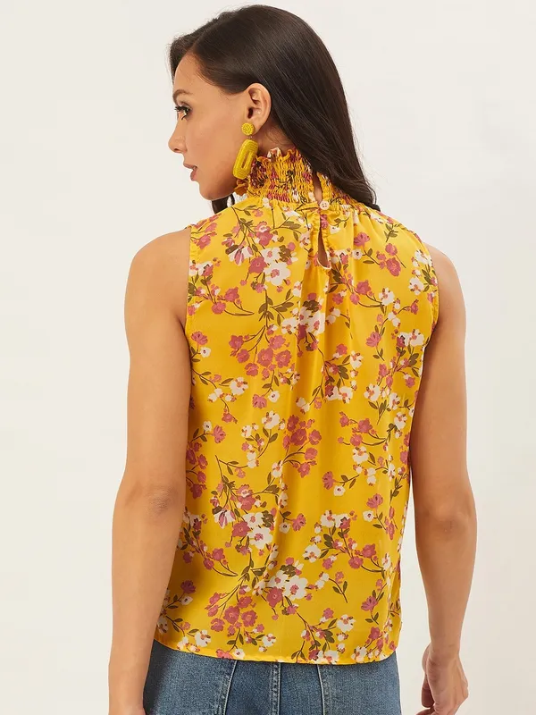 Yellow_Georgette_Casual_Floral_Print_High_Neck_Regular_Fit_Top_For_Women