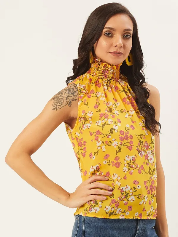 Yellow_Georgette_Casual_Floral_Print_High_Neck_Regular_Fit_Top_For_Women
