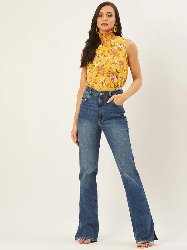 Yellow_Georgette_Casual_Floral_Print_High_Neck_Regular_Fit_Top_For_Women