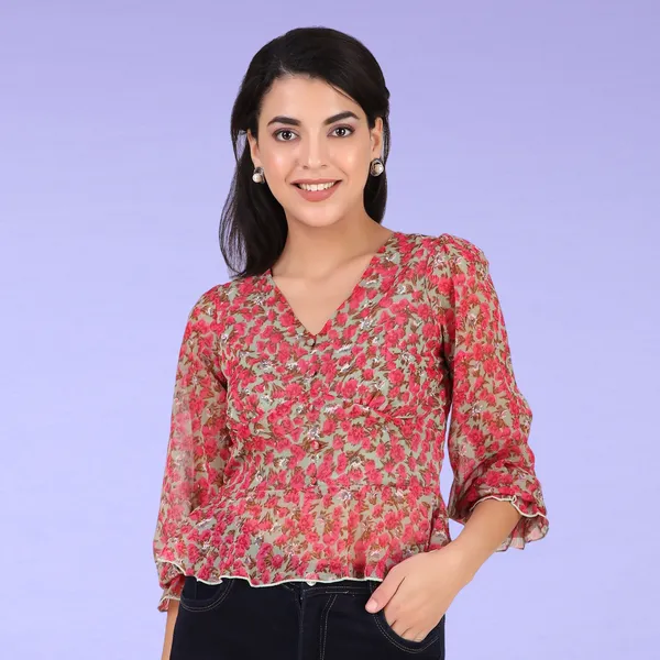 Pink_&_Beige_Chiffon_Casual_Printed_V-Neck_Regular_Fit_Top_For_Women