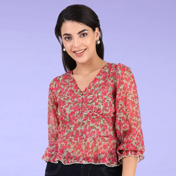 Pink_&_Beige_Chiffon_Casual_Printed_V-Neck_Regular_Fit_Top_For_Women