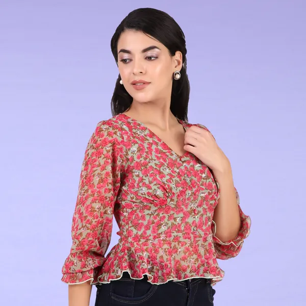 Pink_&_Beige_Chiffon_Casual_Printed_V-Neck_Regular_Fit_Top_For_Women