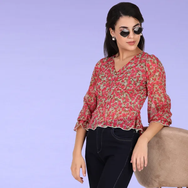 Pink_&_Beige_Chiffon_Casual_Printed_V-Neck_Regular_Fit_Top_For_Women