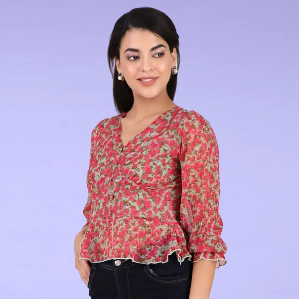 Pink_&_Beige_Chiffon_Casual_Printed_V-Neck_Regular_Fit_Top_For_Women