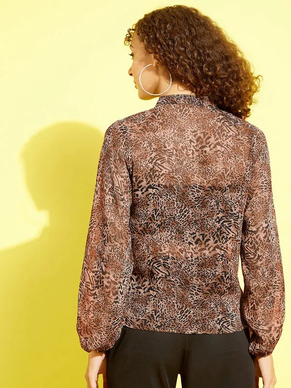 Brown_Georgette_Casual_Printed_Mandarin_Collar_Regular_Fit_Top_For_Women