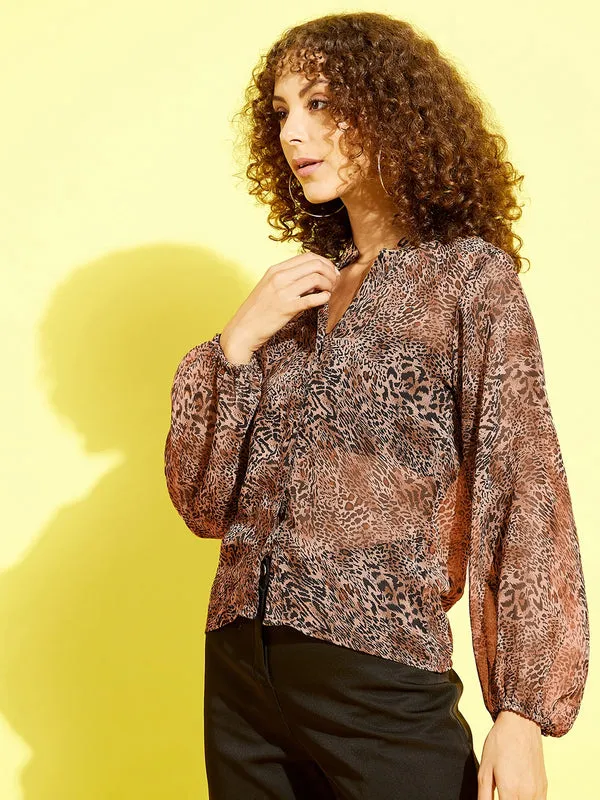 Brown_Georgette_Casual_Printed_Mandarin_Collar_Regular_Fit_Top_For_Women