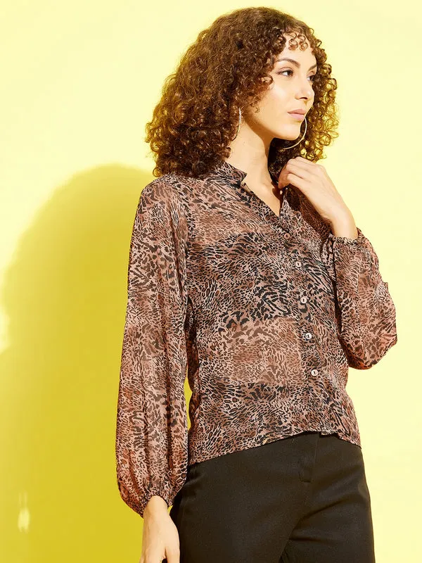 Brown_Georgette_Casual_Printed_Mandarin_Collar_Regular_Fit_Top_For_Women