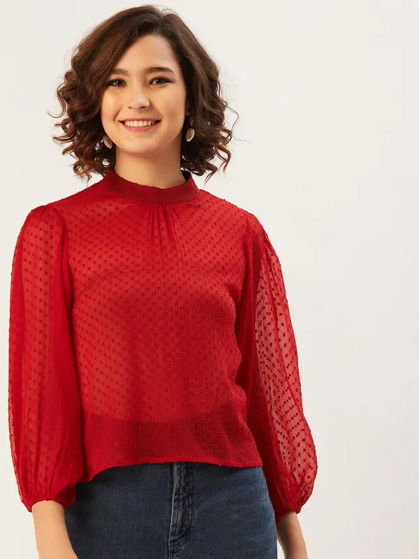 Red_Chiffon_Casual_Solid_High_Neck_Regular_Fit_Top_For_Women